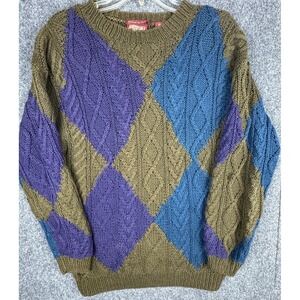 1990s American Eagle Vintage Hand Knit Argyle Cable Knit Sweater Size M